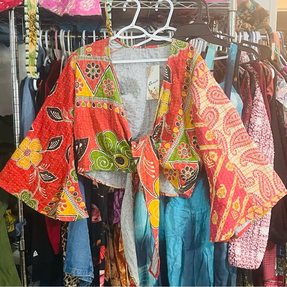 Kantha Colorful Bohemian Bell Sleeve Wrap Top